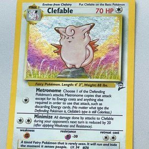 2 cards: Rare Clefable Reverse Holo + purple Psychic Energy. Both Base Set 2